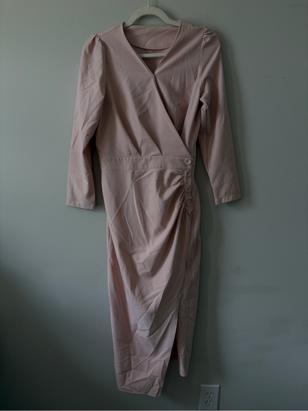 Soft Blush Wrap Midi Dress with Side Button Detail
